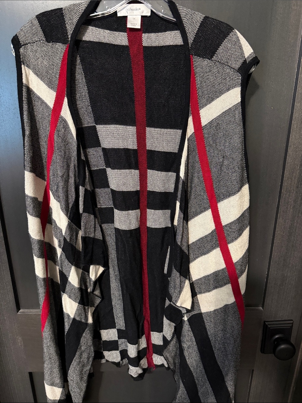 CJ Banks Black, Gray & Red Stripe Open Cardigan